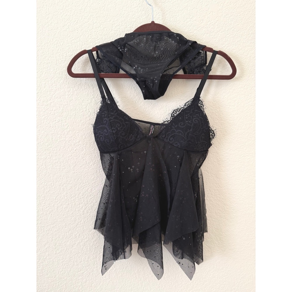 Vintage Y2K Victorias Secret Sexy Little Things Black Sequin Babydoll Lingerie M